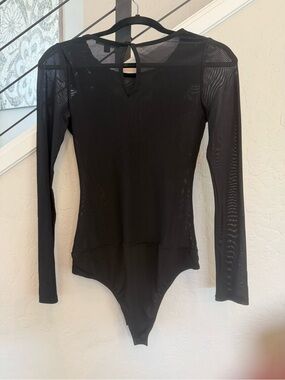 Haute Monde Black Long-Sleeve Mesh-Panel Bodysuit